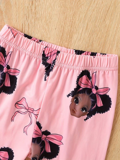 Two Casual, Stylish, And Versatile Round Neck Long-Sleeved Pajamas And Loungewear Sets for Girls, Featuring Random Prints of Girls' Faces, Perfect for Spring And Autumn.