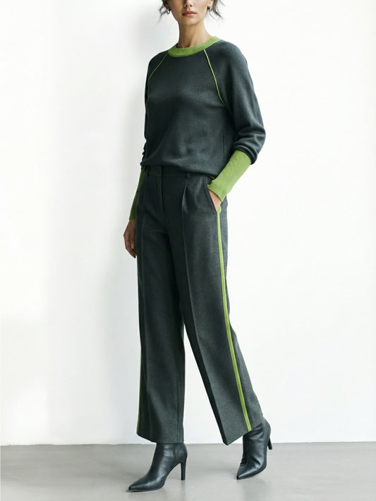 Charcoal-Green Blended with Green Trim Oversized Top + Wide-Leg Pants Women's Set | Sophisticated, Fashionable, Unique, Minimalist Style Perfect for Fall/Winter Casual Outings & Leisure Commuting & Light Social Occasions