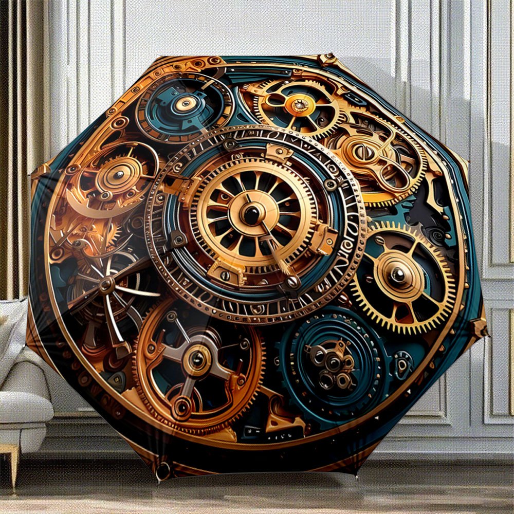 Steampunk Automatic Folding Umbrella with Gears & Clockwork Mechanism - 8-Rib Durable Iron Frame, Portable Collapsible Design, 210T Pongee Canopy, Casual Outdoor Accessory For Christmas, Birthday Gifts, Steampunk Umbrella, Fe