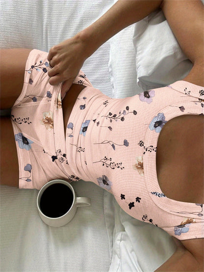 2pcs Outfit Floral Print U-Neck Tank Top And Elastic Waist Shorts Set Slim Fit Ribbed Set