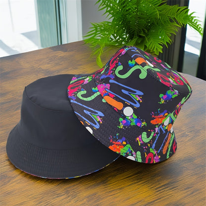 Bucket Hat - Unisex - Graffiti Print - Reversible Closure - Hand Washable - 100% Polyester Lightweight Fabric - Tie-Dye Pattern - Handmade Printing - All-Season Outdoor Fashion Accessory - For New Year Celebration