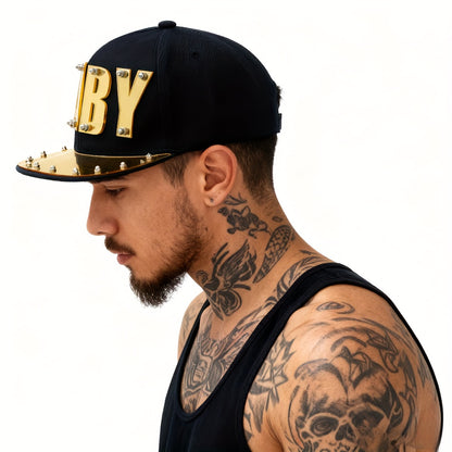 Punk Style Men'S Baseball Cap, 100% Polyester Lightweight Flat Brim Hat with Alphabet Pattern and Embellishments, Non-Stretch Fabric