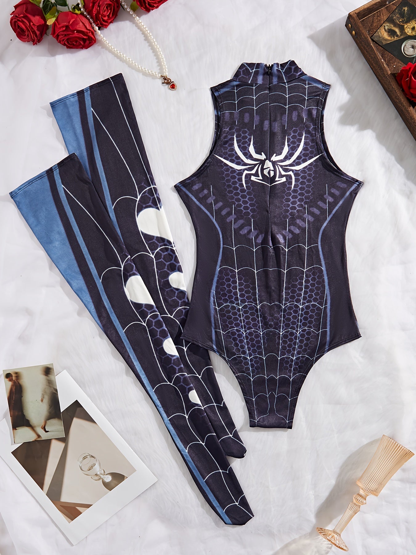 Spider-Themed Cosplay Costume Set - Sexy Lingerie Onesie & Socks with Web Pattern, Vibrant & Design, Perfect for Adult Cosplay Enthusiasts, Cosplay Outfit, Cosplay Lovers