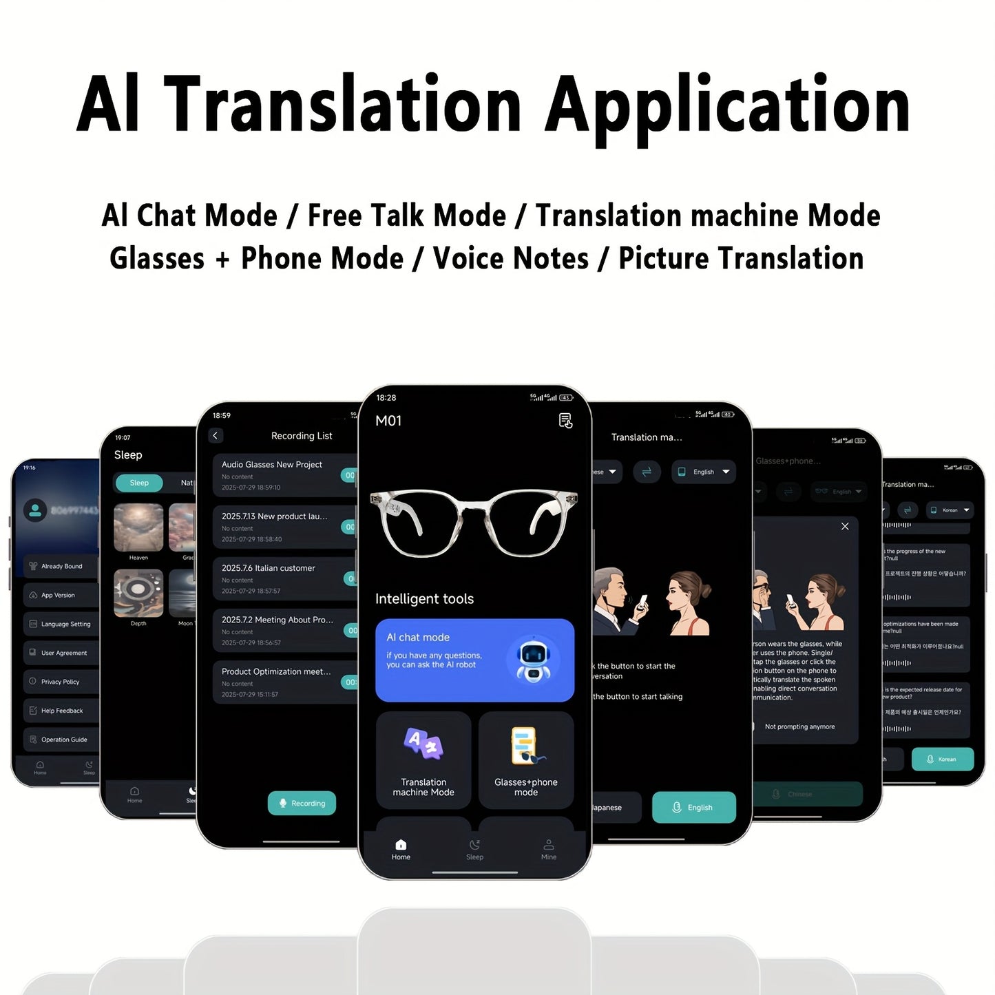 AI Translation Smart Glasses with 160+ Language Real-Time Translator, Enabled, Built-in Mic/Speaker & Music Playback - Photochromic for Men & Women, Driving &