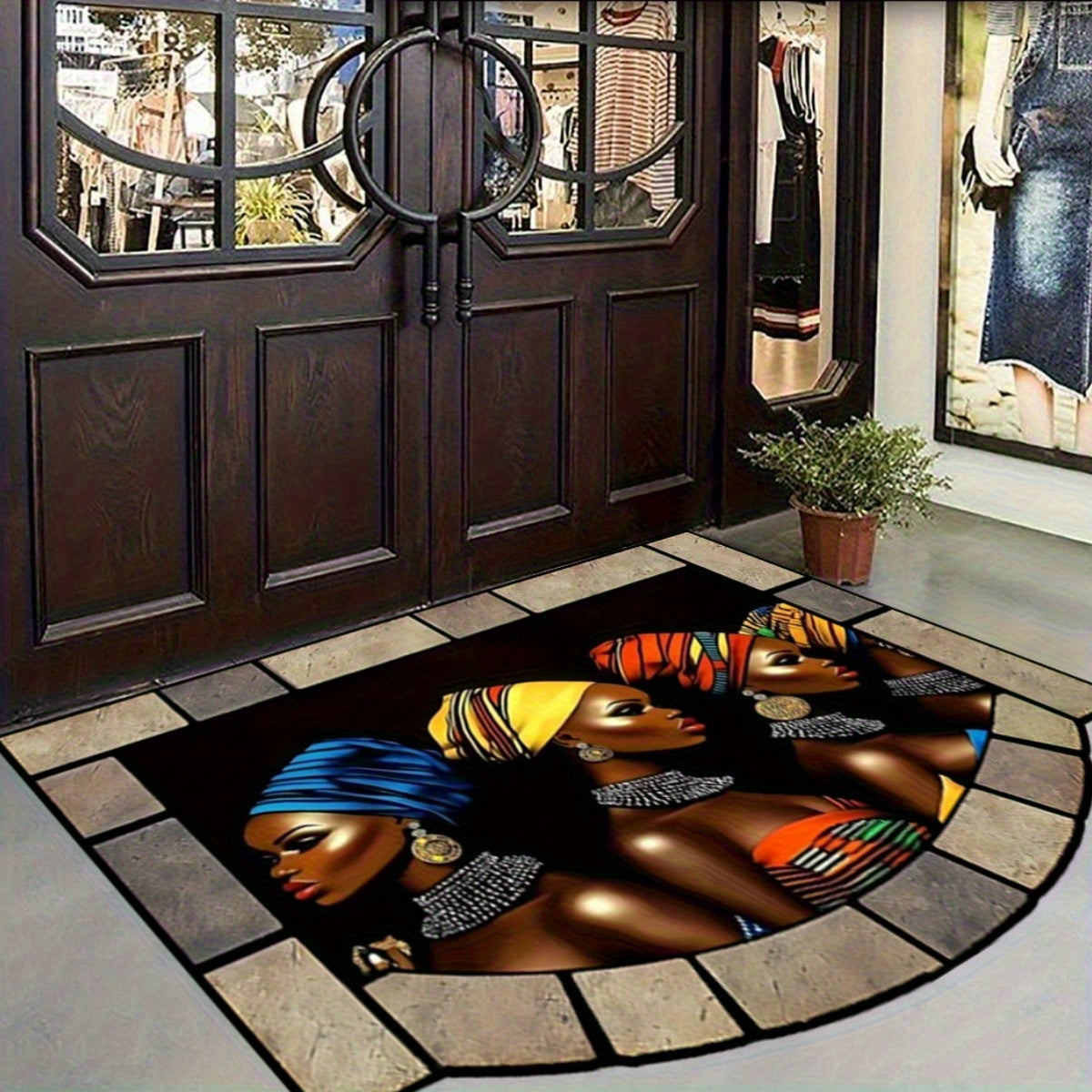 1pc African Tribal Door Mat - Heavy-Duty 850gsm Thick Mat with African Women & Tribal Patterns, /BrownRed/Orange - for Home Gym, Entryway - Machine-made Polyester Mat - Ideal For Halloween, Christmas, Thanksgiving, New Year'S