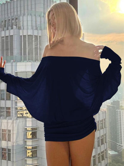Women'S Sexy Off-the-Shoulder Long Sleeve Mini Dress - Solid Color Sheer Panel Party Clubwear, European & American Inspired Pleated Bandeau Dress for Spring/Autumn, Casual to Night Outfits, 2025 New Arrival (Sexy Off-Shoulder