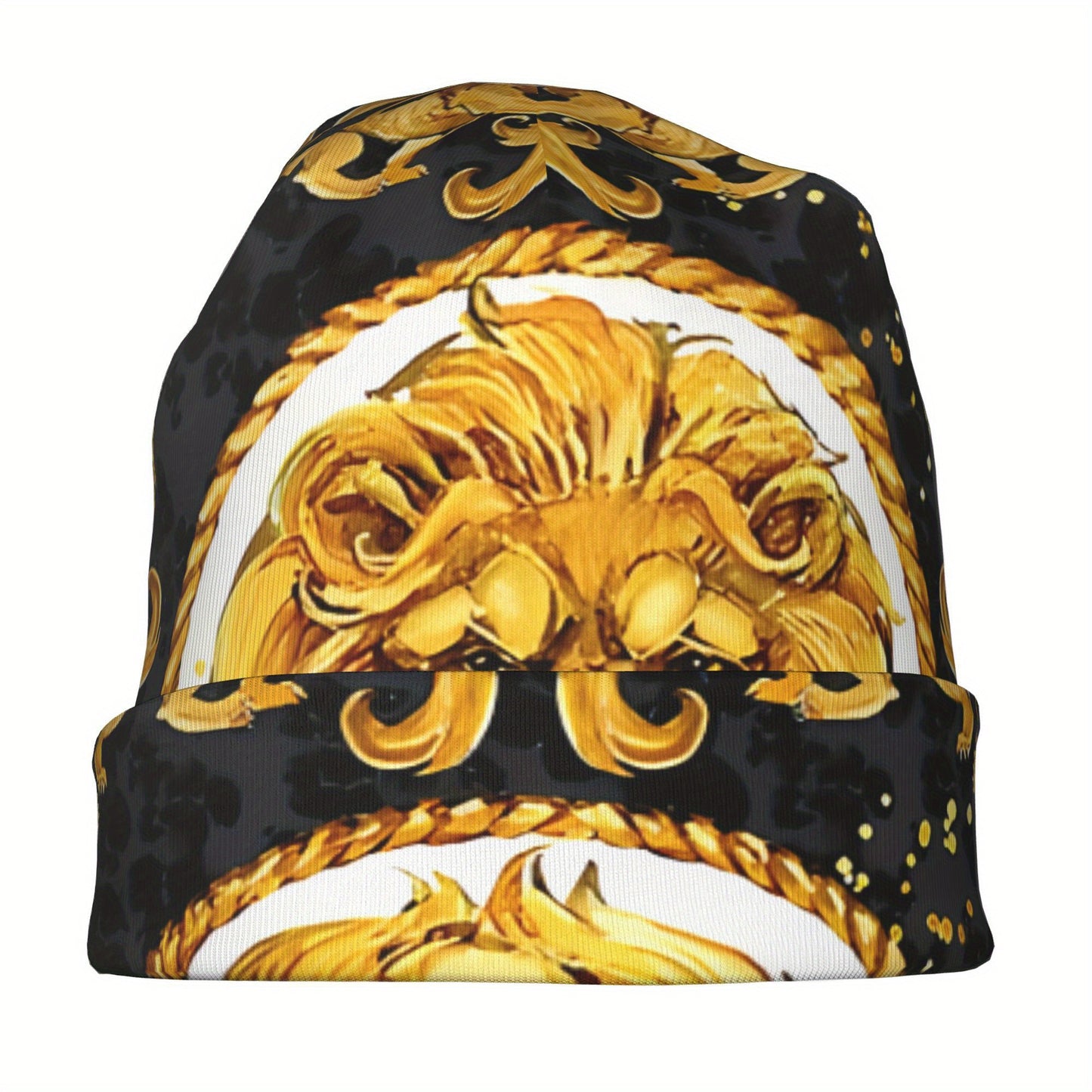 Lightweight Comfort | Golden Lion Damask Bonnet Hat for Men & Women – Lightweight, Stylish Hip Hop Beanie Cap with Ornate Golden Lion Design, Black Background with Rope Patterns, Perfect for Autumn & Spring Warmth