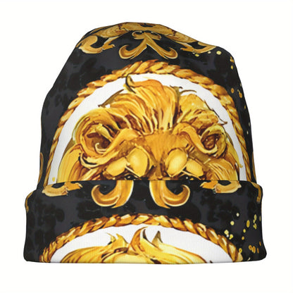 Lightweight Comfort | Golden Lion Damask Bonnet Hat for Men & Women – Lightweight, Stylish Hip Hop Beanie Cap with Ornate Golden Lion Design, Black Background with Rope Patterns, Perfect for Autumn & Spring Warmth