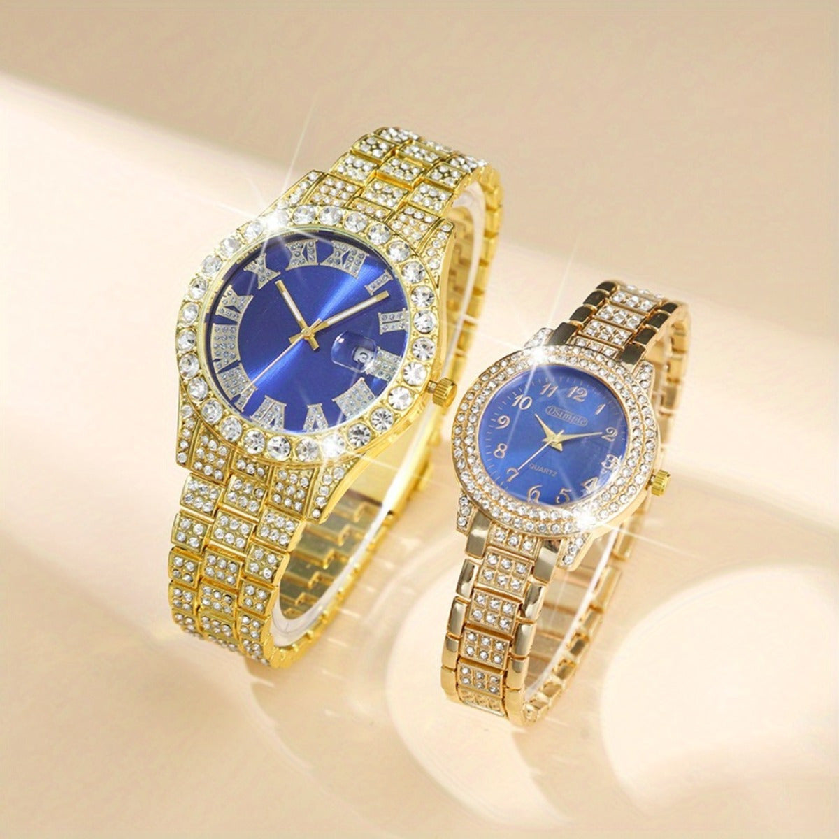 2pcs/ set, Couple Watches Sets, Luxury Rhinestone Setting Stainless Steel Strap Quartz Watches Analog Elegant Round Dial Design Wristwatch, Middle East, Ramadan Ideal Choice for Gifts.