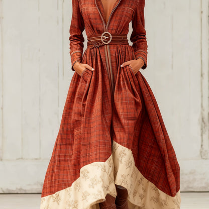 Western Retro Plaid Dress, Stand-up Collar, Zipper, Bohemian Ethnic Print, Fitted Waist, Full Skirt, with Pockets.