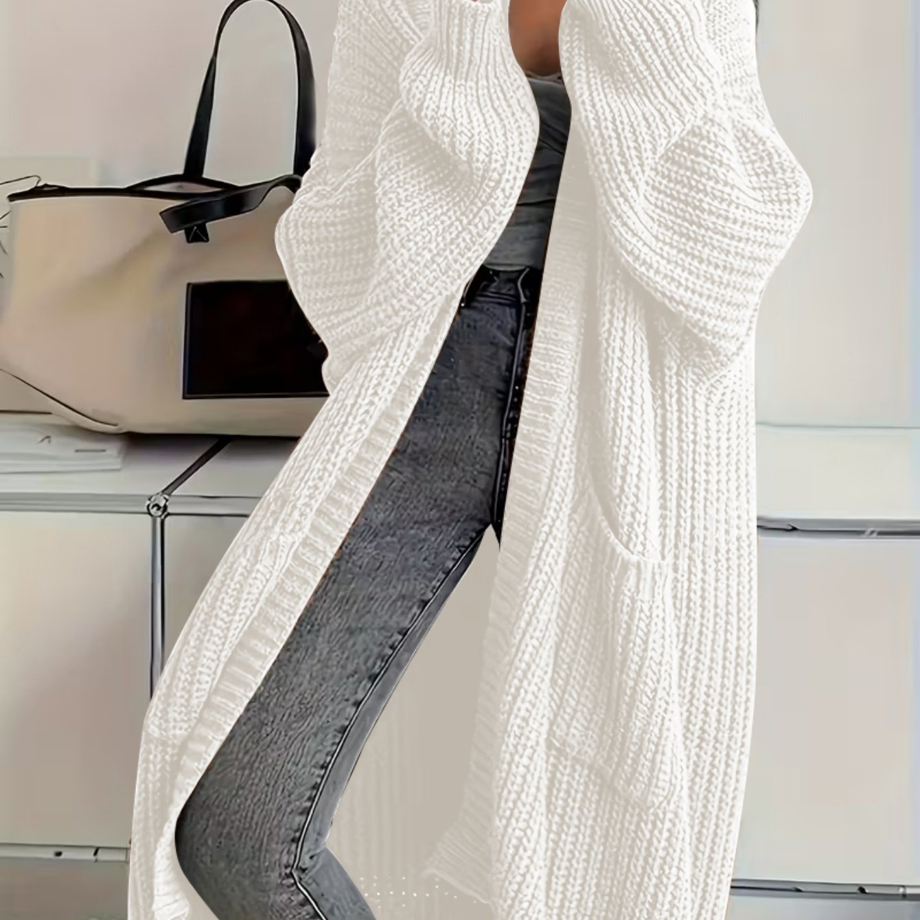 Plus Size, Solid Color Plus-Size Women's Long Pocket Cardigan Loose Over-the-Knee Sweater Coat Fashion Versatile Outerwear