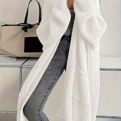 Plus Size, Solid Color Plus-Size Women's Long Pocket Cardigan Loose Over-the-Knee Sweater Coat Fashion Versatile Outerwear