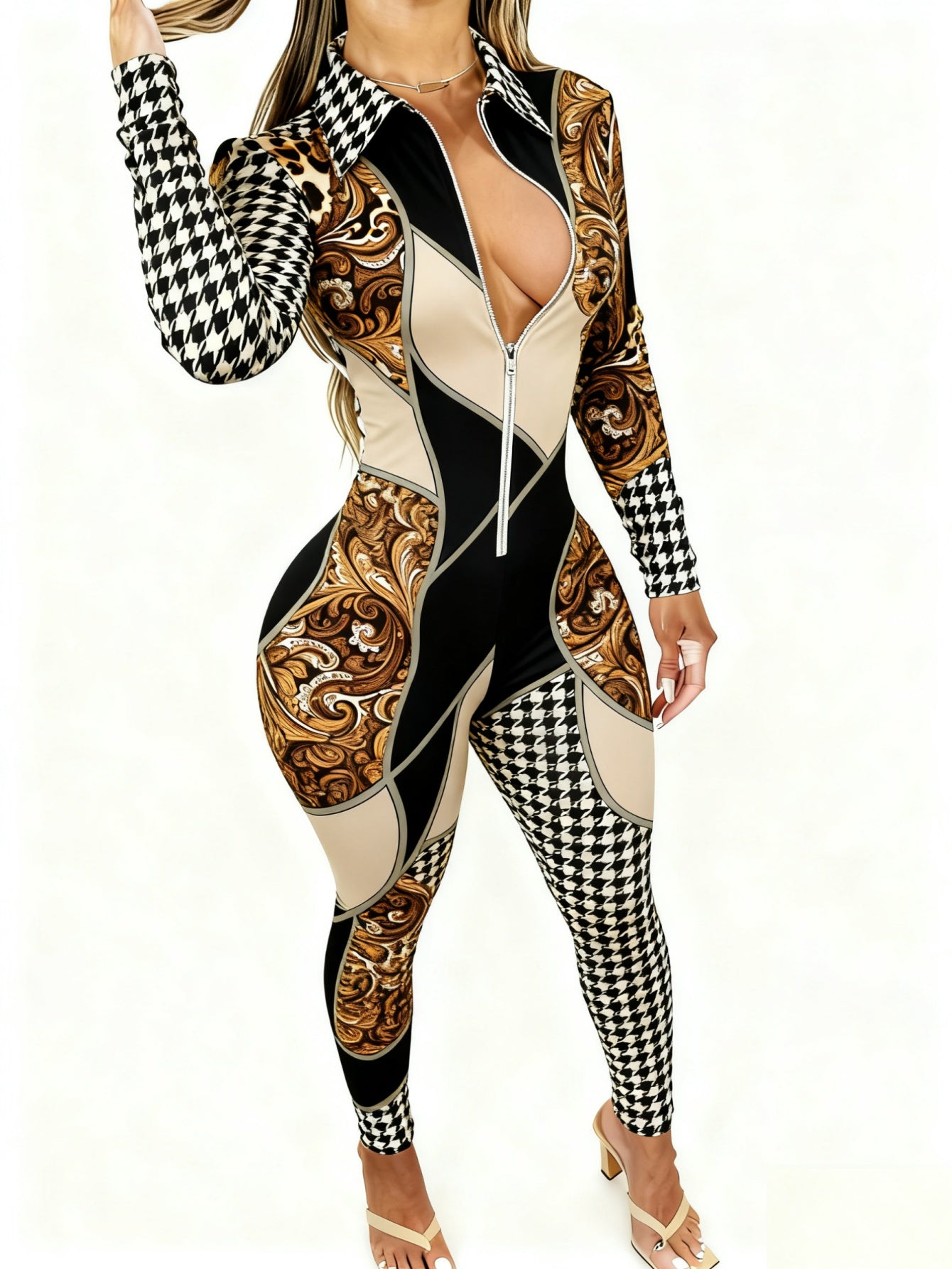 Plus Size - Women'S Sexy Printed Bodycon Jumpsuit | V-Neck Zipper, Slim-Fit Fashion, Versatile for Party, Club & Date Night, All-Season, Casual Style