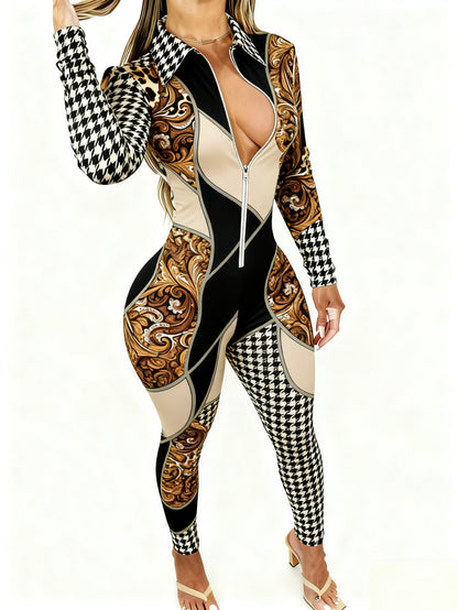 Plus Size - Women'S Sexy Printed Bodycon Jumpsuit | V-Neck Zipper, Slim-Fit Fashion, Versatile for Party, Club & Date Night, All-Season, Casual Style