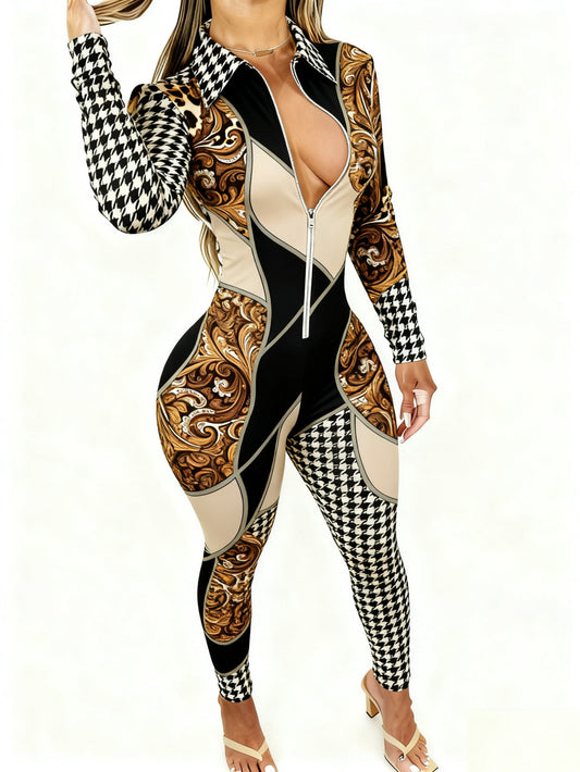 Plus Size - Women'S Sexy Printed Bodycon Jumpsuit | V-Neck Zipper, Slim-Fit Fashion, Versatile for Party, Club & Date Night, All-Season, Casual Style
