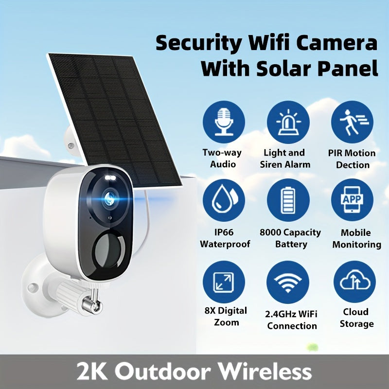 8PCS Solar Powered 2K 3MP Wireless Outdoor Security Camera System - AI Motion Detection, Two-Way Voice Call, Color & Infrared Night Vision,, Battery Powered With USB Dual Use, Lithium Battery