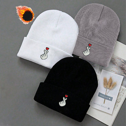 3-Pack White/Grey/Black Beanie Hats with Heart & Thumbs Up Hands Logo - Lightweight Stretch Winter Caps for Men & Women, Unisex Foldable Warm Beanies for Skiing, Outdoor Activities, Parties (Easy-Care, One Size Fits All)