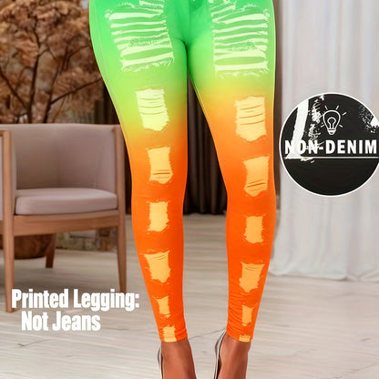 [Printed Pants - Not Denim Fabric] Printed Legging - Not Denim Fabric - Christmas Plus Size Women's Digital Print Denim-Look Leggings, Stretch Polyester, All-Season Casual Slim-Fit Pants, Regular Fit, Adult Sizes, Machine Was