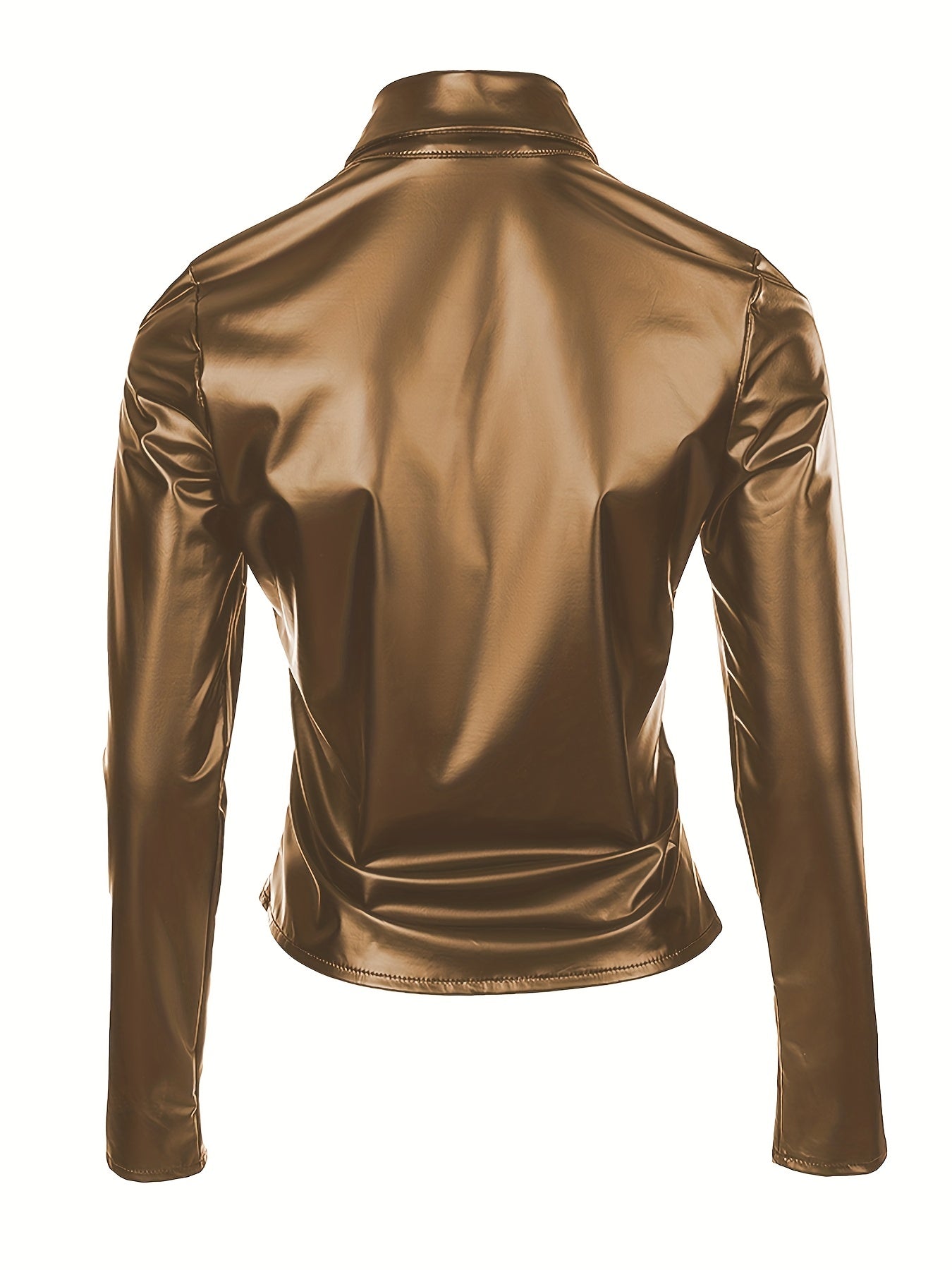 Solid PU Blouse, Sexy Slim Button Front Long Sleeve Collar Blouse, Women's Clothing