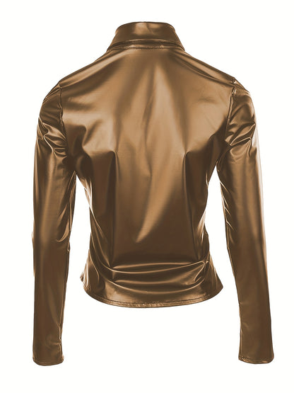 Solid PU Blouse, Sexy Slim Button Front Long Sleeve Collar Blouse, Women's Clothing