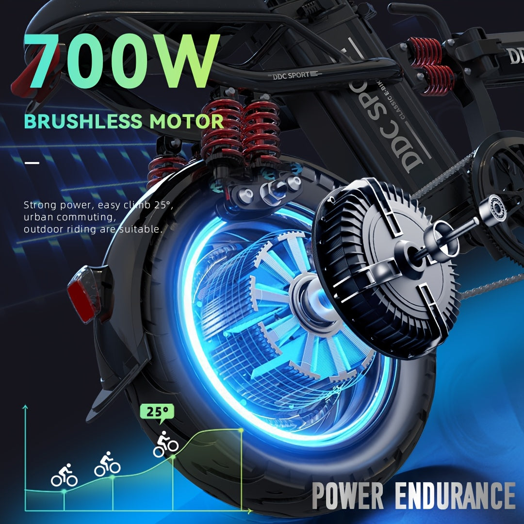 Discover Without Limits: 700W Collapsible Electric Bicycle for Grown-Ups. Reach Speeds of 20MPH And Travel Up to 35 Miles on a 48V Battery. Conquer 25° Inclines, Support Up to 385 Pounds, And Enjoy a Comfortable Ride with Ef
