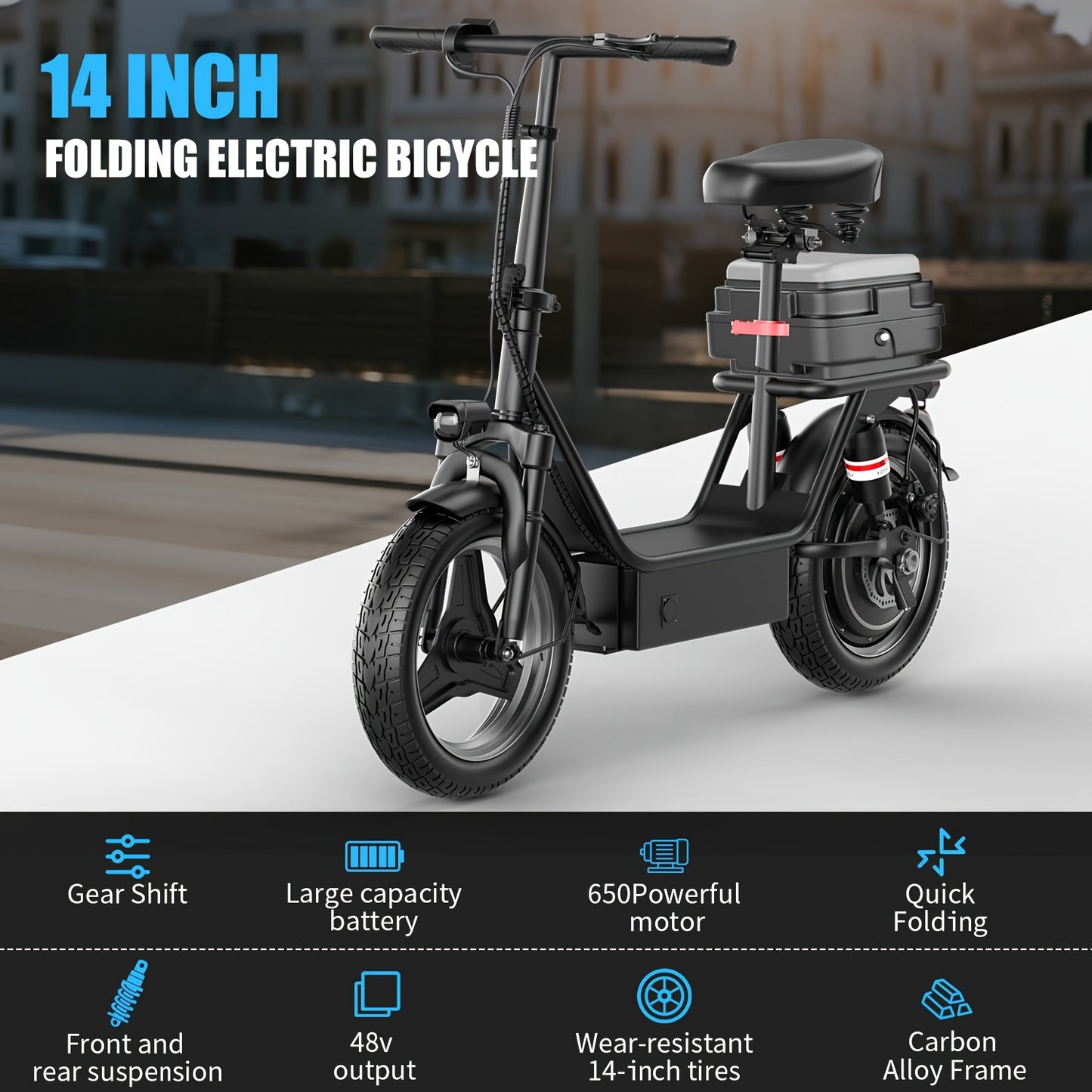 K12 650W Electric Scooter, 48V 15Ah, 14" Pet Escooter With Cushioned Seat, With Large Capacity Basket And BOX (Removable), Adults And Teens, 300lbs Max Load