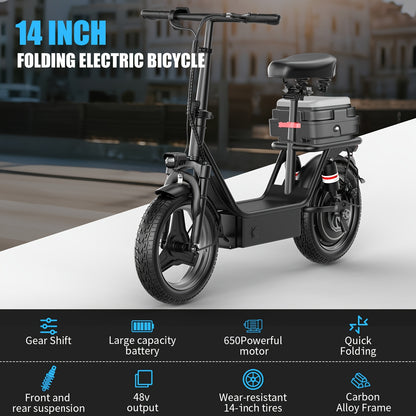 K12 650W Electric Scooter, 48V 15Ah, 14" Pet Escooter With Cushioned Seat, With Large Capacity Basket And BOX (Removable), Adults And Teens, 300lbs Max Load