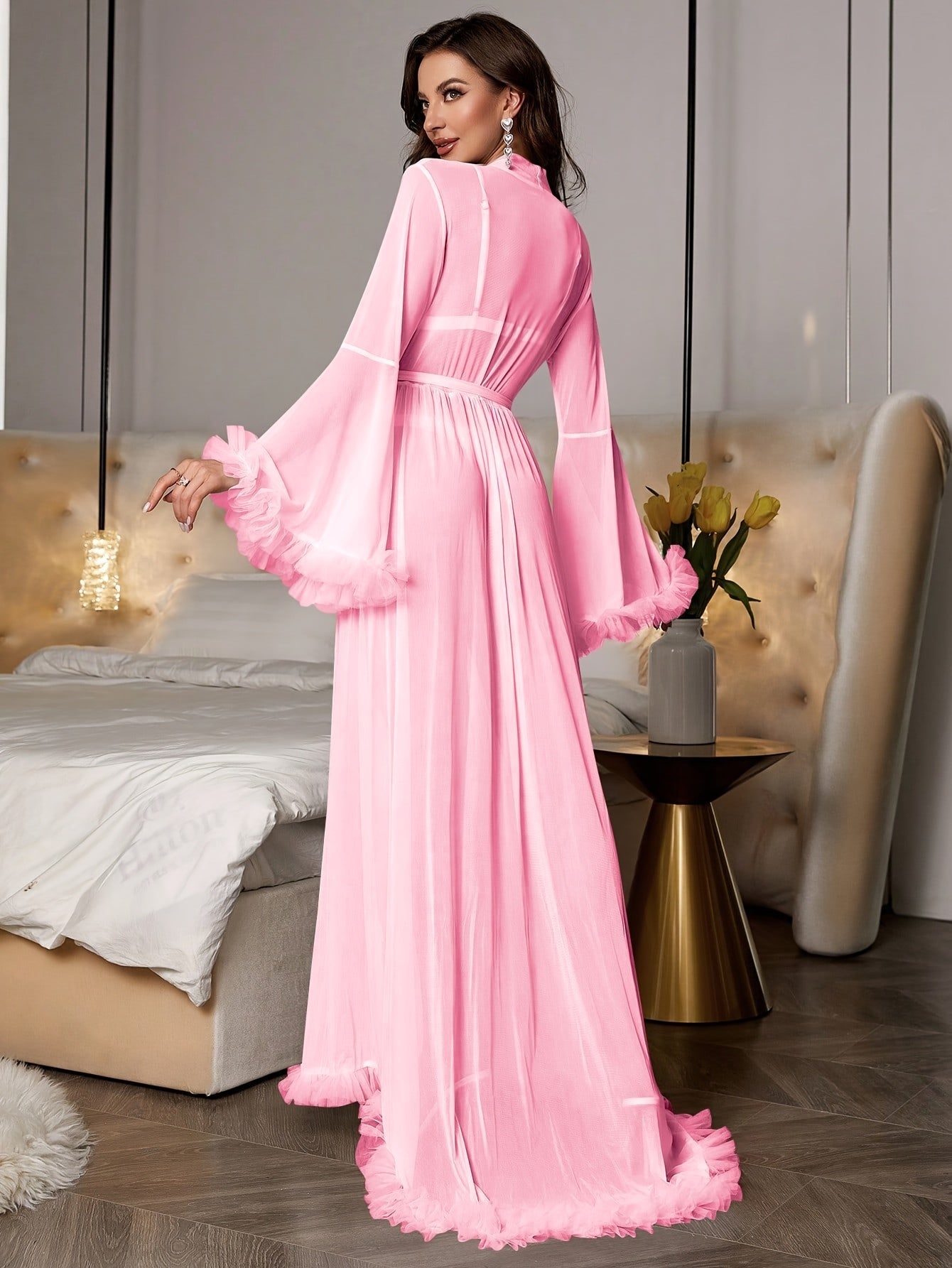 Women's Elegant Pink Plush Lace Trim Semi-Sheer Nightgown - Long Sleeve Robe with Belt, Full-Length Dress Sleepwear for Bed & Lounge, Alluring Pajamas (Hand Washable) - Soft Lingerie for s