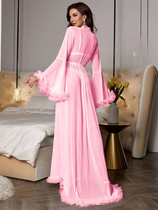 Women's Elegant Pink Plush Lace Trim Semi-Sheer Nightgown - Long Sleeve Robe with Belt, Full-Length Dress Sleepwear for Bed & Lounge, Alluring Pajamas (Hand Washable) - Soft Lingerie for s