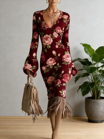Cross-border New Autumn And Winter Sweater Dress, Floral Flower Printing, Sexy V-neck Long-sleeved Design, Fringed Hem Embellishment, Warm And Thin Temperament Commuter Bottom Dress