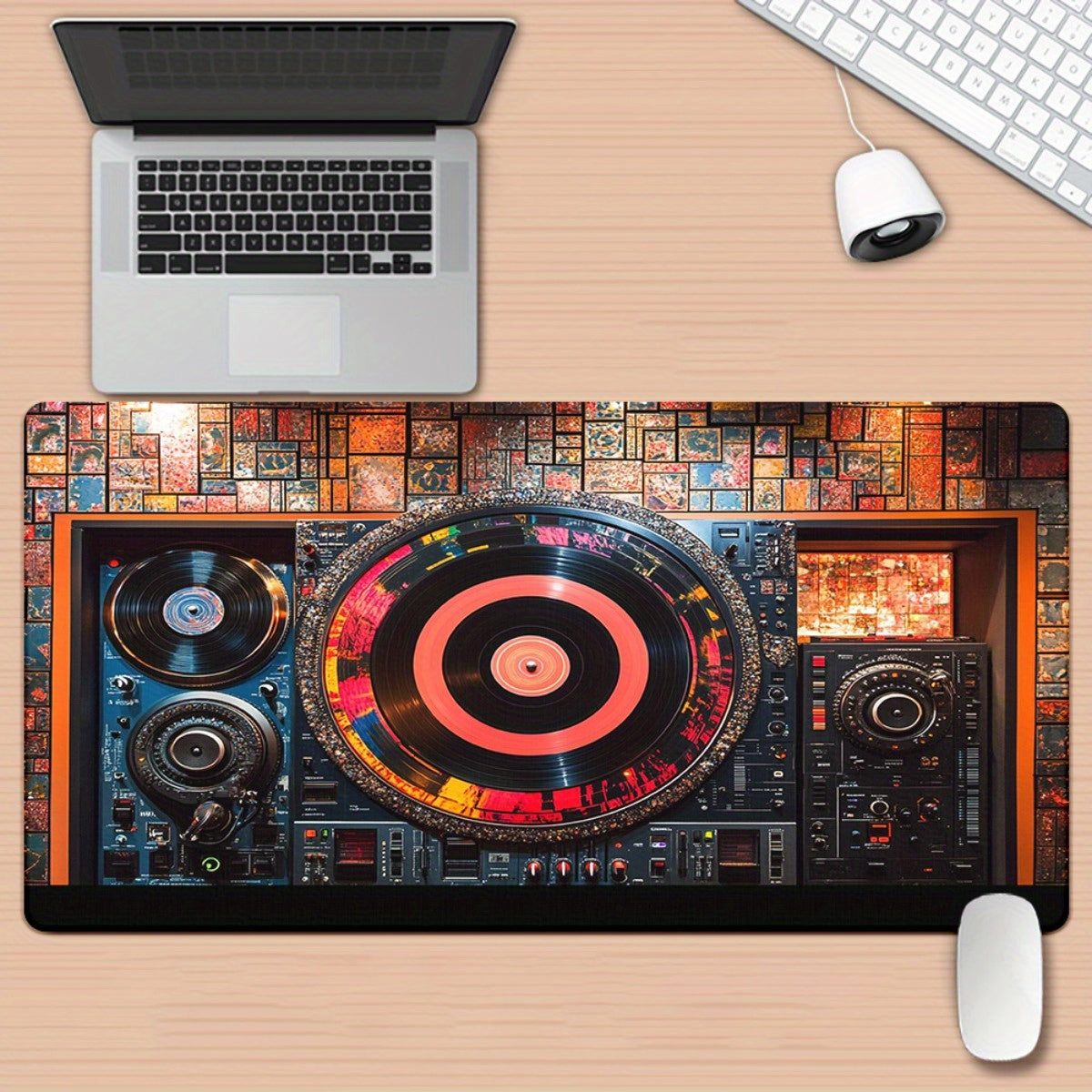 1pc XXL Large DJ Turntable Design Desk Mat - Realistic DJ Equipment Replica with Vinyl Records & DJ Mixer Layout, Non-Slip Gaming/Office Computer Keyboard & Mouse Pad for PC Gamers, Music Producers, DJ Setup Accessories, Comp