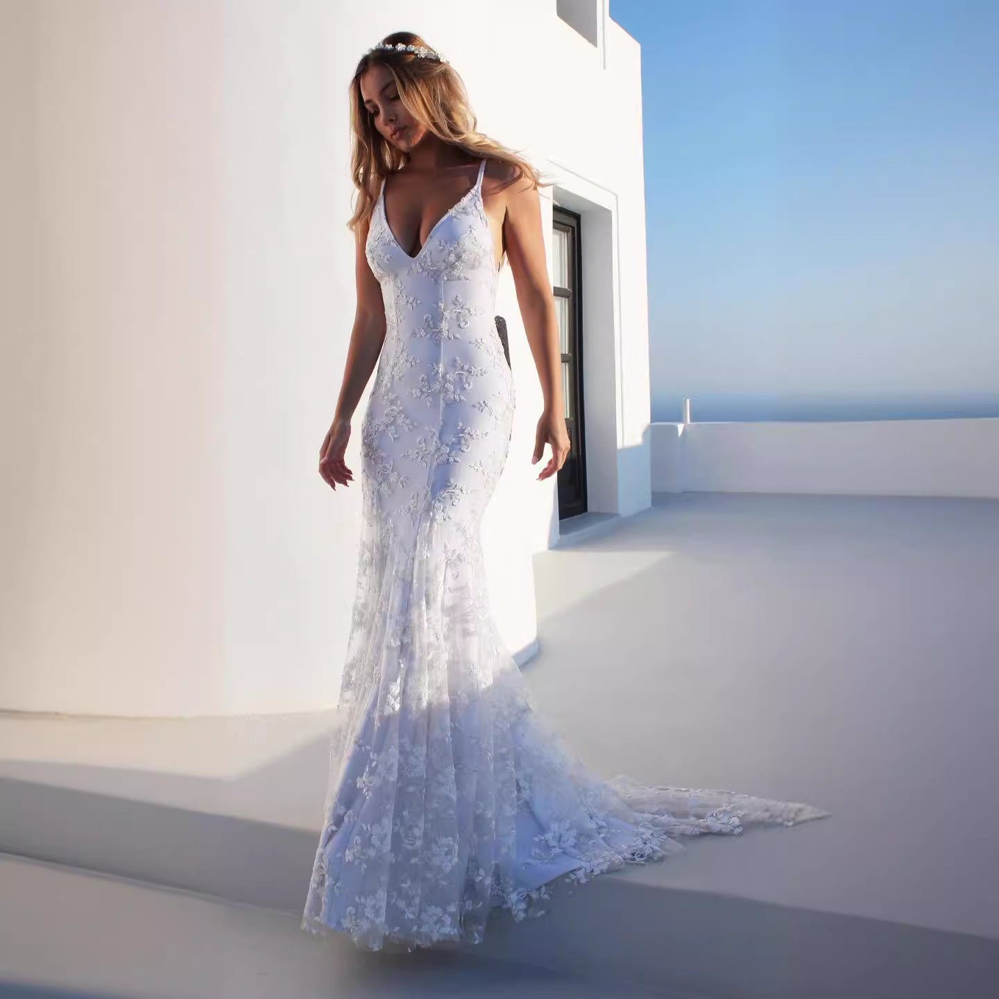 Elegant Formal Gown | Sleeveless Spaghetti Strap White Maxi Dress with V Neck - Perfect for Wedding Guest, Gala Dinner & Engagement Party