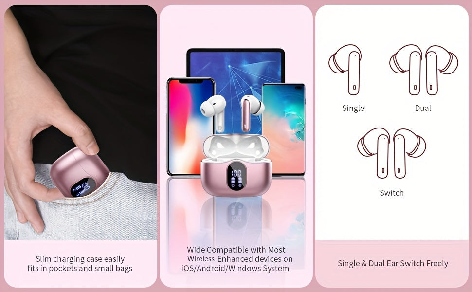 Wireless Earphones, Wireless 5.3 Earphones with Bass Stereo Sound, Earphones with Noise Cancelling Microphone And LED Display Screen, In Ear Earphones, 40 Hours Of Playback Time, Suitable for Laptops, Tablets, Mobile Phones,