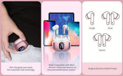 Wireless Earphones, Wireless 5.3 Earphones with Bass Stereo Sound, Earphones with Noise Cancelling Microphone And LED Display Screen, In Ear Earphones, 40 Hours Of Playback Time, Suitable for Laptops, Tablets, Mobile Phones,
