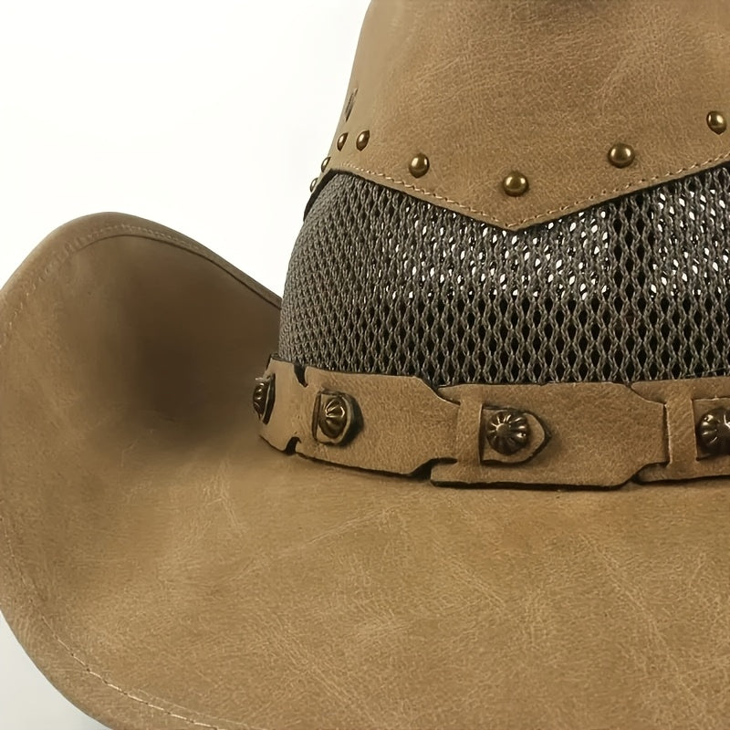 Vacation Faux Cowboy Fedora Hat - Unisex Western Hombre Style with Breathable Mesh Back Panel, Brown, Sizes 22.83-23.62 Inch for Men & Women