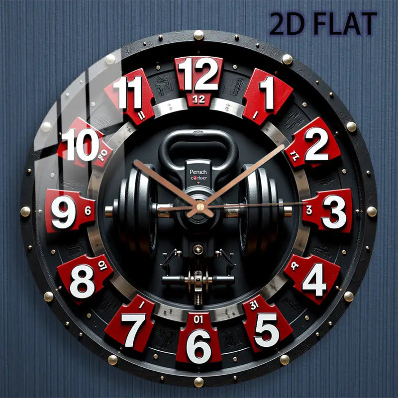 12 Inch Fitness-Themed Silent Wall Clock with Dumbbell Design - Quartz Battery-Powered Modern Gym Decor, Red/White Numbered Segments, Manual Shut-Off, Glass Round Clock For Home, Bedroom, Fitness Room Decor, Bedroom Timepiece