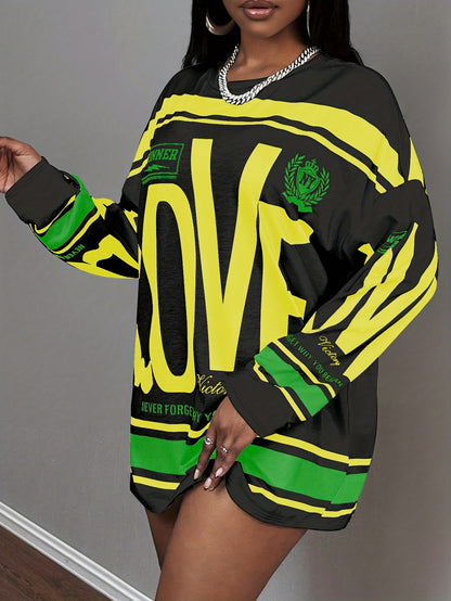 Plus Size - This Plus-Size Women'S American Street Style Long-Sleeve Top Features a Large 'LOVE' Letter Print That Is Eye-Catching. with Text And Stripe Elements, It Exudes a Strong Sense of Fashion. The Loose Fit Is Friendly