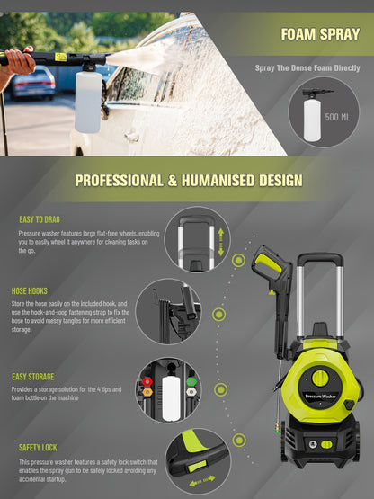 Electric Pressure Washer With 25FT Hose, 4 Nozzles & Foam Cannon - 4800PSI MAX 2.8 GPM Power Washer For Cars, Fences, Patio - US Plug, Metal Construction, Fence Cleaning | Robust Outdoor Tool, Pressure Washer Accessories, Blu