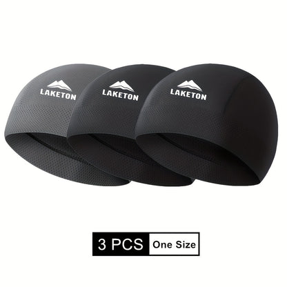 3pcs Men'S Lightweight, Breathable Running Caps - High Elastic, Quick-Dry, Moisture-Wicking for Outdoor Sports & Cycling, Black with White Logo, Sports Headgear | Modern Knit Cap | Stretchable Fabric