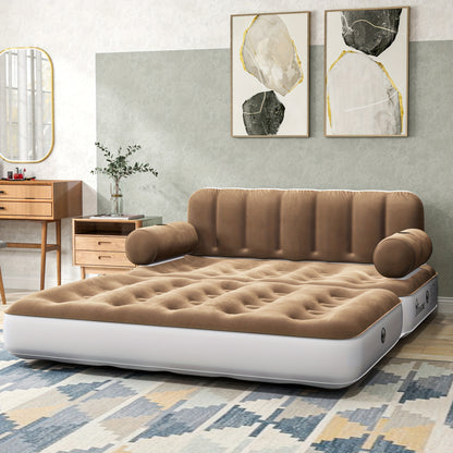 Inflatable Air Sofa Bed 2-in-1 Backrest Couch Airbed W/Headboard And External Pump, Portable Convertible Blow Up Bed Mattress W/Storage Bag, Sofa W/Build-in Cup Holders Arm, For Home, Outdoor Camping And Guests, Living Room F