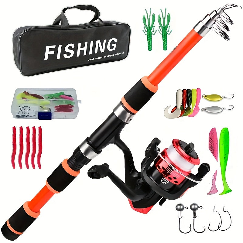 [Portable Fishing Rod Set] Portable All-in-One Fishing Gear Set | Telescopic Fishing Rod with Rotating Reel, Bait Hooks, Travel Case, Storage Bag, Soft Bait T-Shaped Tail Pre-Wound Spool Kit