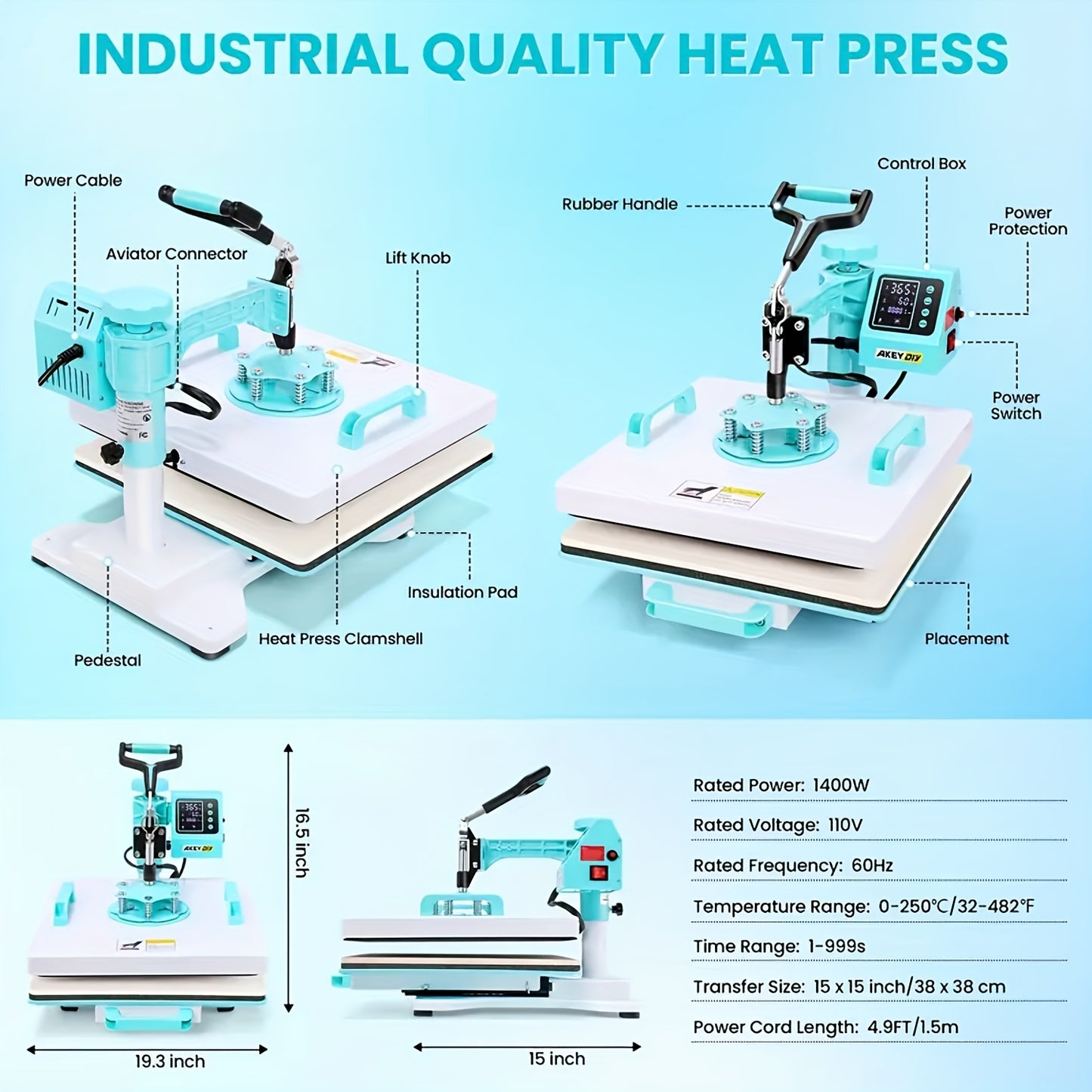 15"x15"/15"x12" - 8in 1/5in 1 Heat Press Combo, Rotatable Design, Multi-Size Transfer Professional Sublimation Kit, Suitable for T-Shirts, Bags, Pillows, Hats, Beanies, Rollers - Three-in-One Automatic Hat Press Only for Hats