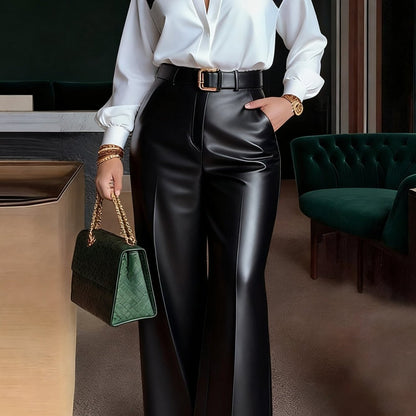 ARTPAGE Office Commuting Leather Pants Outfit, Long Sleeve Shirt + High-Waisted Wide-Leg Leather Pants Two-Piece Set