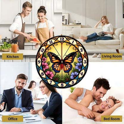 1pc Stained Glass Butterfly Suncatcher Wall Clock - 10 Inch Round Silent Non-Ticking Battery-Powered (AA Not Included) with Easy-to-Read Numerals, Multicolor (Orange/Pink/Purple/Green/Yellow) Floral Butterfly Design - Elegant