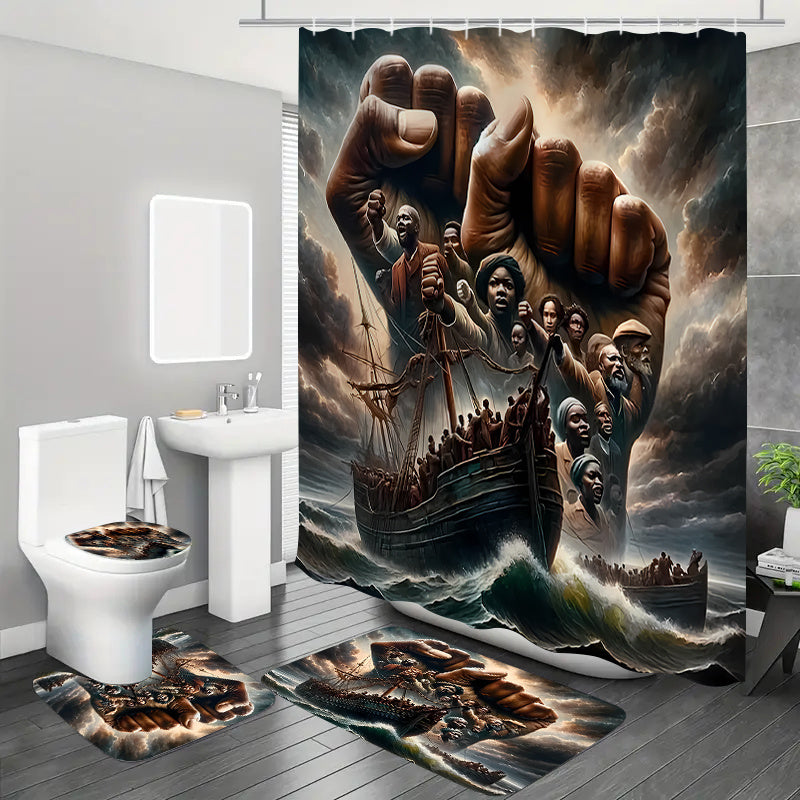 1pc/4pcs Winning ship pattern, Apartment bathroom, Shower Room shower curtain, hotel shower curtain set, with 12 hooks, bathroom mat, toilet seat mat and U-shaped mat, bathroom accessories, shower curtain set