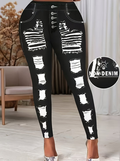 [Printed Pants - Not Denim Fabric] Printed Legging - Not Denim Fabric - Christmas Plus Size Women's Digital Print Denim-Look Leggings, Stretch Polyester, All-Season Casual Slim-Fit Pants, Regular Fit, Adult Sizes, Machine Was