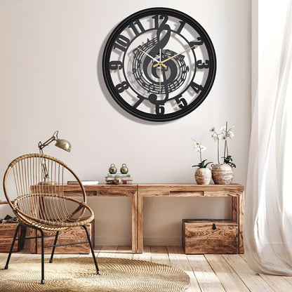 [1pc Music Note Wall Clock] 1pc Music Note Design 16-Inch Metal Wall Clock, Silent Mechanical Movement, Round Shape, Battery Operated with AA Battery (Not Included), Perfect for Classroom, Living Room, Party, Hallway, Housewa