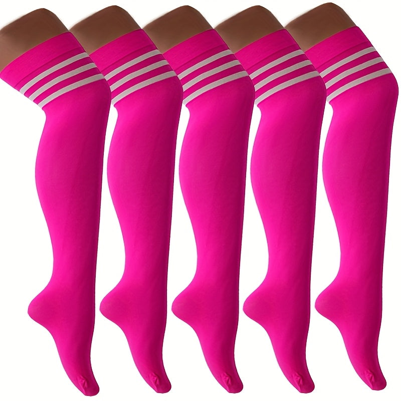 Five Pairs of Thin Velvet Over-the-knee Socks in Rose Red, Pink, Bright Yellow, Solid Colors, and Stripes. Smooth Nylon, Comfortable and Cute. Suitable for Students, Dance, Skating, and Other Activities, for Teenager