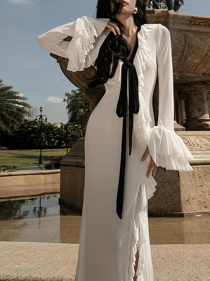 Women's Elegant White Slim-Fit High-Waisted Long Sleeve Mermaid Dress with Sheer Panel & Slit - All-Season Formal Wedding Guest Party Dress, Machine Washable Ice-Skating Style Gown