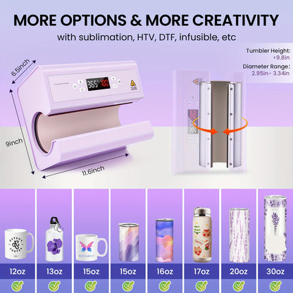 Auto Tumbler Heat Press Machine 30oz Mug Press Automatic Rotation Full Print, Temp & Time Setting, Cup Transfer Machine for 11-30oz Ceramic, Glass, with Sublimation Papers, Heat Tape & Gloves